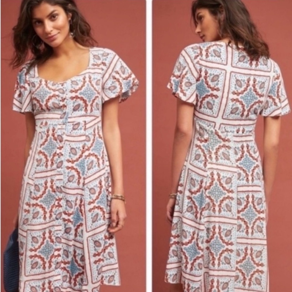 Anthropologie Maeve Red Blue Floral Block Print Button Front Midi Dress Pockets.